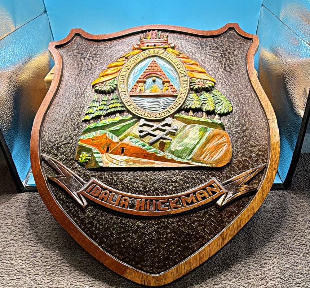 Hand Carved Painted Coat of Arms Shield Wall Plaque "Idalia Huckman" Signed
